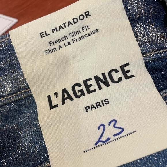 L'AGENCE El Matador Glitter-Coated Stretch Slim-Fit Jeans 32 Blue Raw Hem - Picture 12 of 16
